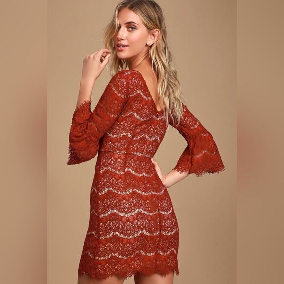 Lulus Heartthrob Rust Red Lace Flounce Sleeve Mini Dress Size Small - Picture 3 of 11